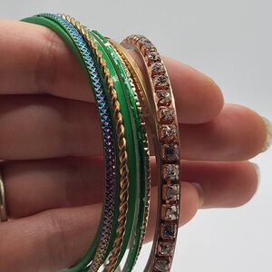 Lot of 9 Iridescent Green Gold and Rhinestone Bohemian Belly Dance Bangle Bracel